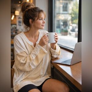 POL Oversized Waffle Knit Patchwork Pullover Large Cream Boho Raw Edge Cozy